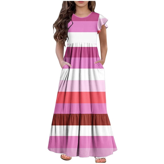 Mikilon Fashion Girls Color Striped Dress Size 6-12 Years Short Sleeves Round Neck Casual Dress