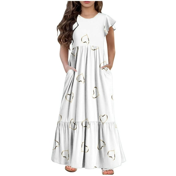 Mikilon Fashion Girls Long Maxi Dress Size 6-12 Years Summer New Short Sleeves Round Neck Casual Print Dress
