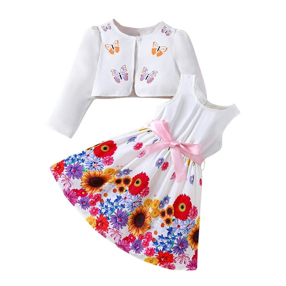 Mikilon Fashion Girls Outfit Sets Size 3-7 Years Solid Color ‌Long Sleeve Turndown Neck Button-Up Suit Jackets Comfortable Floral Printed Straps Dress