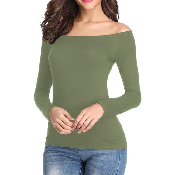 Mikilon Fashion Women Off the Shoulder Shirts Long Sleeve Slim Blouses Comfortable and Breathable Tops