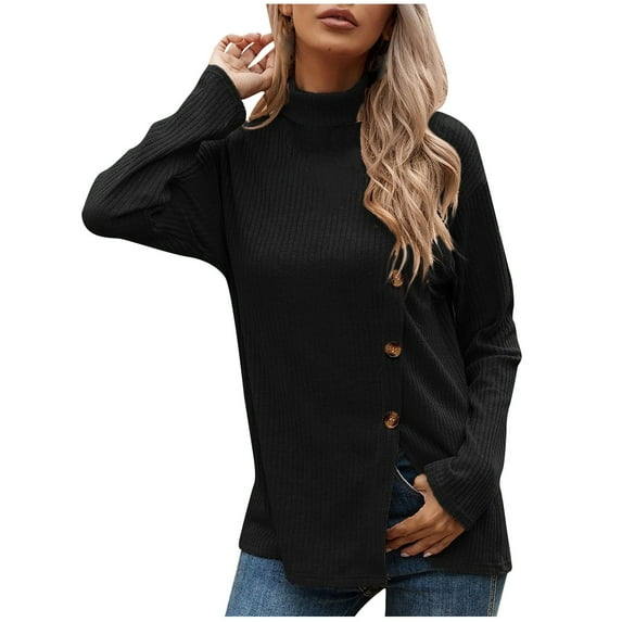 Mikilon Fashion Women Side Snap Shirts Round Neck Long Sleeve Casual Blouses