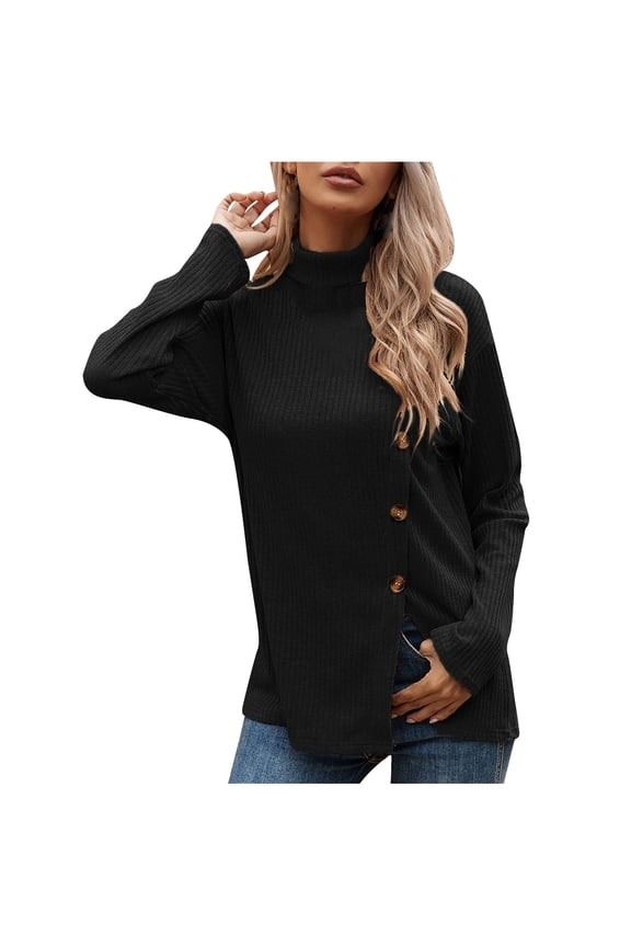 Fashion Women Side Snap Shirts Round Neck Long Sleeve Casual Blouses