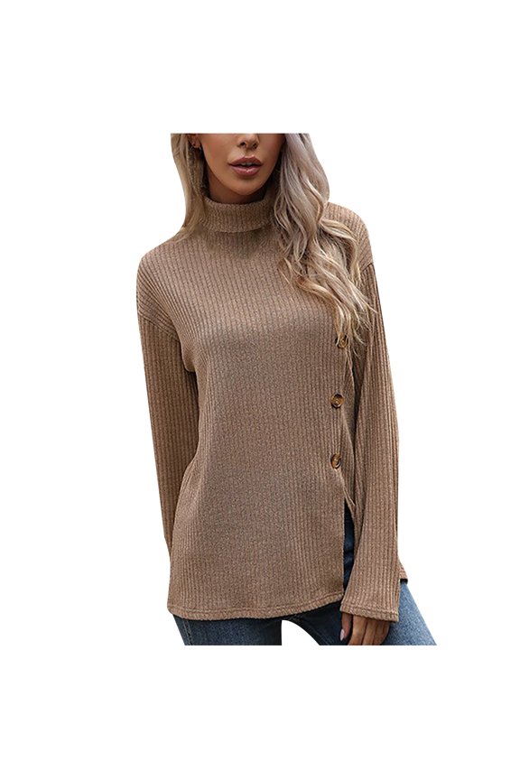 Fashion Women Side Snap Shirts Round Neck Long Sleeve Casual Blouses
