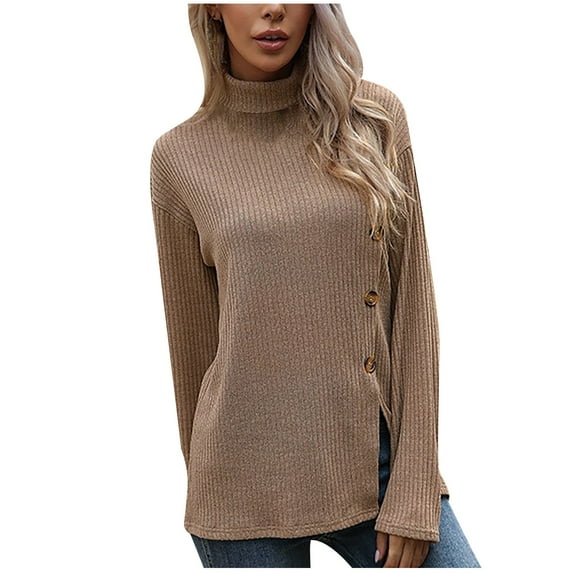 Mikilon Fashion Women Side Snap Shirts Round Neck Long Sleeve Casual Blouses