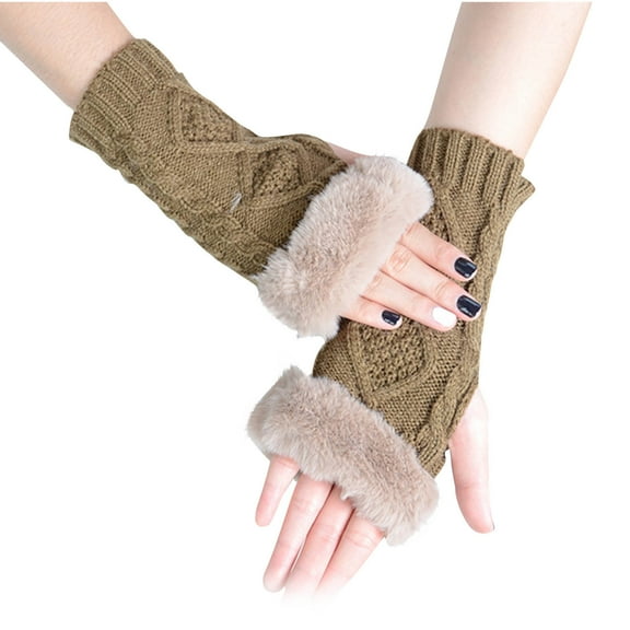Mikilon Fashion Women Solid Color Knitted Gloves Half Finger Keep Warm Winter Gloves Patchwork Color Thermal Gloves
