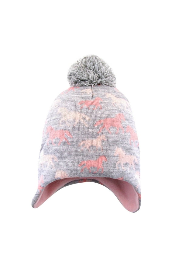 Mikilon Floral Knitted Hats for Kids Plus Velvet and Thicken Puffball Hats Outdoorsy Ears-Protection Warm Hats