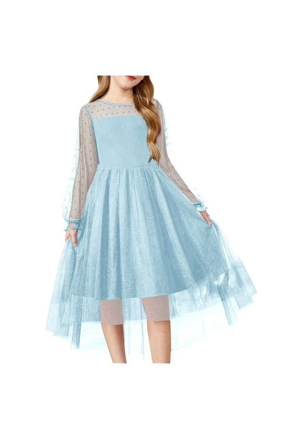 Mikilon Girl Tulle Dress Puff Long Sleeve Teen Girls Party Casual Dresses 0-12 Years