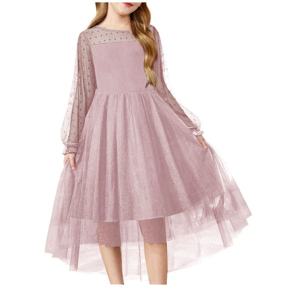 Mikilon Girl Tulle Dress Puff Long Sleeve Teen Girls Party Casual Dresses 0-12 Years
