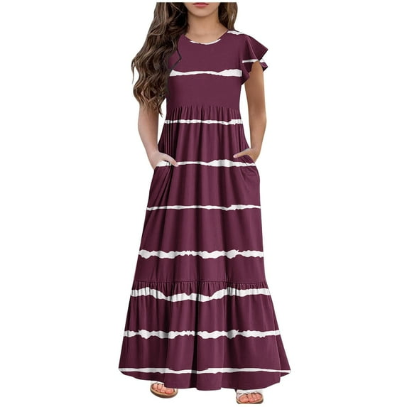 Mikilon Girl's Short Sleeve Striped Print Loose Casual Long Maxi Dress with Pockets 4-12 Years