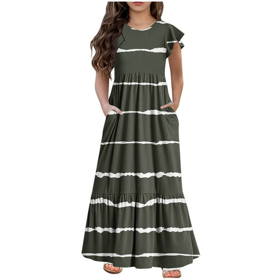 Mikilon Girl's Short Sleeve Striped Print Loose Casual Long Maxi Dress with Pockets 4-12 Years