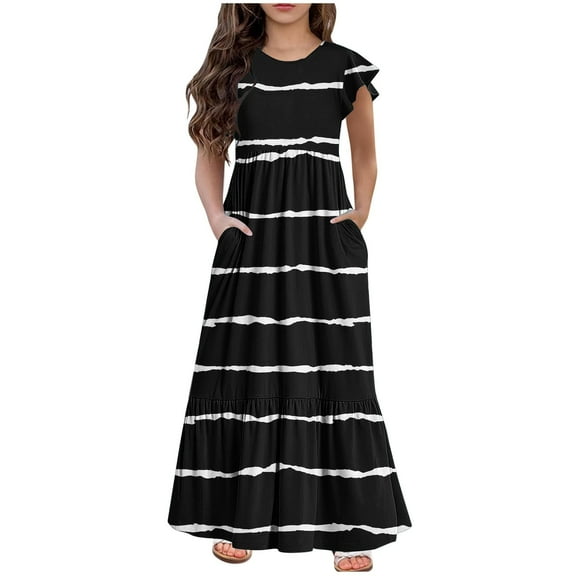 Mikilon Girl's Short Sleeve Striped Print Loose Casual Long Maxi Dress with Pockets 4-12 Years