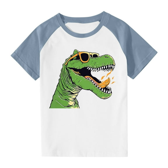 Mikilon Girls and Boys Fashion Casual Short Sleeve T Shirts Kids Loose Soft Dinosaur Print Tunic Tops Tees Round Neck Blouses 3-14 Years(Navy,7 Years)