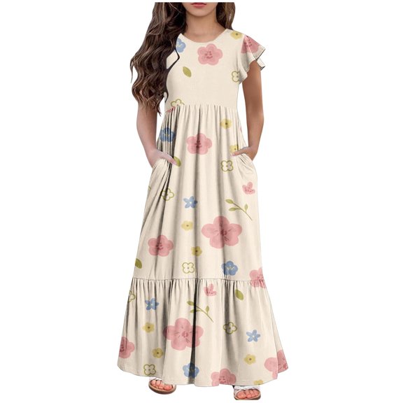 Fesfesfes Girls Casual Maxi Floral Dress Long Sleeve Holiday Dresses with Pockets for 6-12 Years