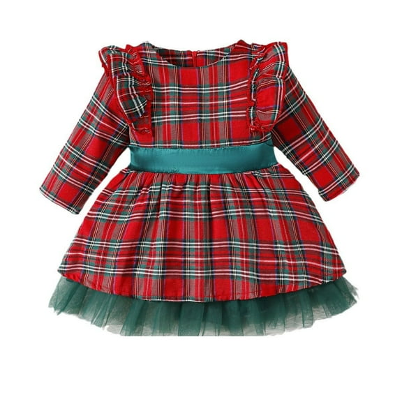 Fesfesfes Girls Christmas Dress Size 6 Months-4 Years Round Neck Stretchy Waist Princess Dress Long Sleeve Bow Tied Dress Casual Plaid Ruffled Clothes
