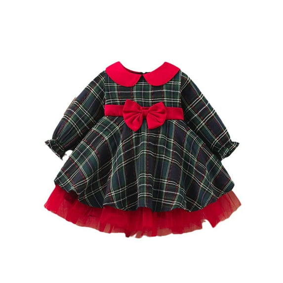 Fesfesfes Girls Christmas Dress Size 6 Months-4 Years Round Neck Stretchy Waist Princess Dress Long Sleeve Bow Tied Dress Casual Plaid Ruffled Clothes