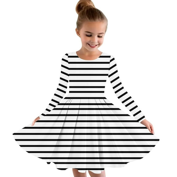 Mikilon Girls Fashion Striped Dresses Size 4-13 Years Long Sleeve Round Neck Long Dresses Casual Comfortable Daily Clothes