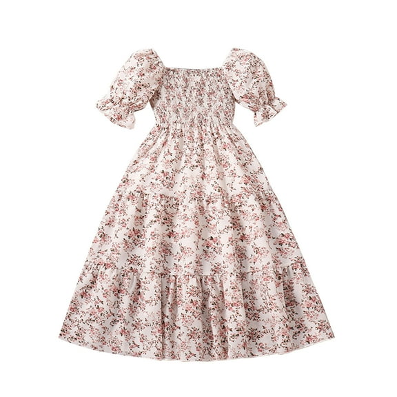 Mikilon Girls' Floral Dress Size 8-11 Years Puff-sleeved Round Neck Cute Princess Dress Fashion Vacation Dress