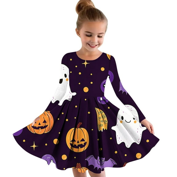 Mikilon Girls Halloween Dress Size 4-13 Years Fashion Solid Color Graphic Long Sleeve Round Neck Dresses Comfortable Playful Dresses