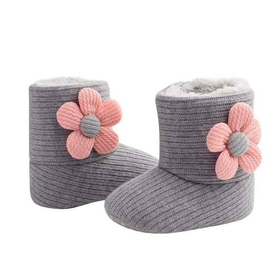 Mikilon Girls High Tube Flower Velvet Shoes Size 0-12 Months Solid Color Soft Sole Shoes Bow Thicken Warm Shoes