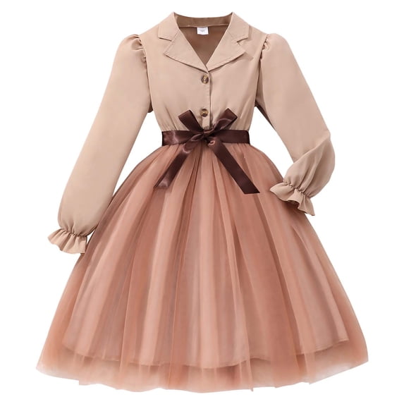 Mikilon Girls Long Sleeve Dress Kids Fall Peter Pan Collar Uniform Dresses 8-12 Years