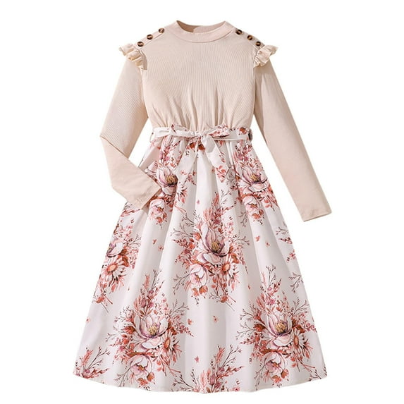 Mikilon Girls Long Sleeve Dress Tween Fall Formal Party Holiday Midi Tiered Flowy Swing Dresses with Belt 8-13 Years
