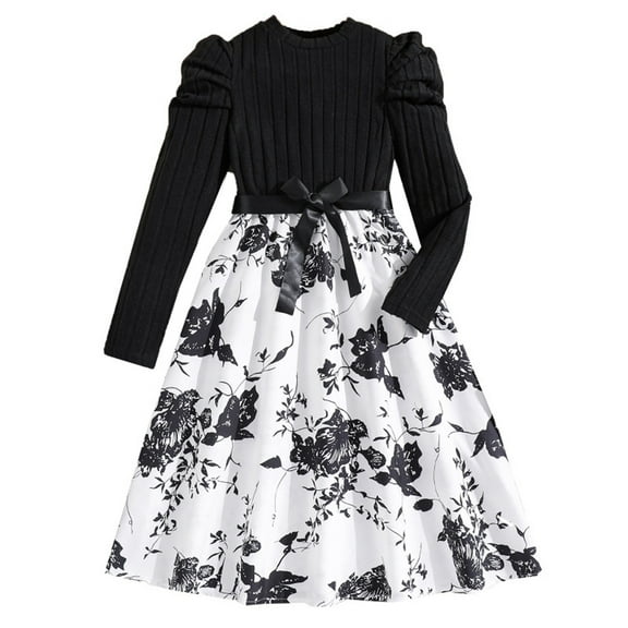 Fesfesfes Girls Long Sleeve Dress Tween Fall Formal Party Holiday Midi Tiered Flowy Swing Dresses with Belt 8-13 Years