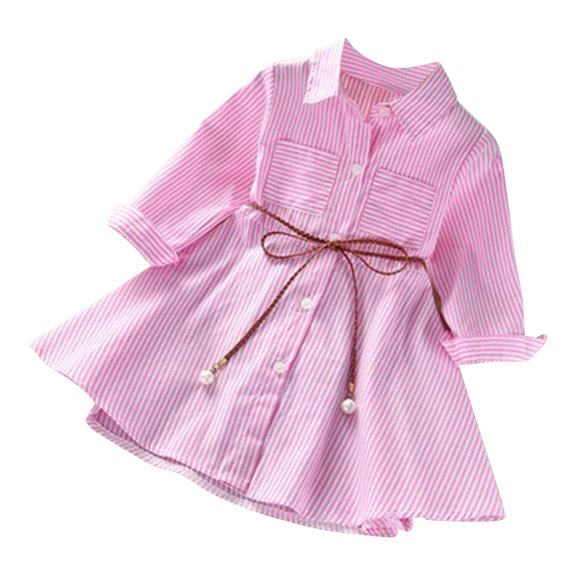 Mikilon Girls Long Sleeve Dress with Waist Rope Striped Midi Lapel Dresses Button Down Fashion School Uniform