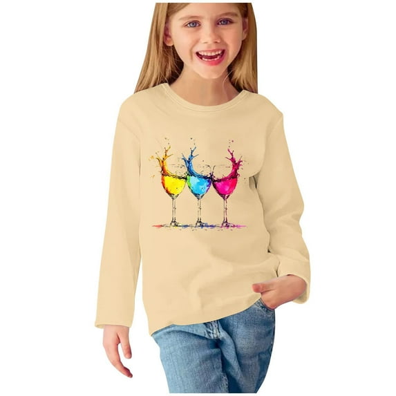 Fesfesfes Girls Long Sleeve Pullover Shirts Casual Fashion Crewneck Love Print Tops Loose Fits Plain Tunic Blouses for 3-14Years(Beige,5 Years)