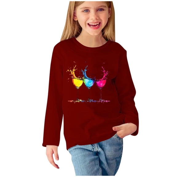 Fesfesfes Girls Long Sleeve Pullover Shirts Casual Fashion Crewneck Love Print Tops Loose Fits Plain Tunic Blouses for 3-14Years(Wine,11 Years)