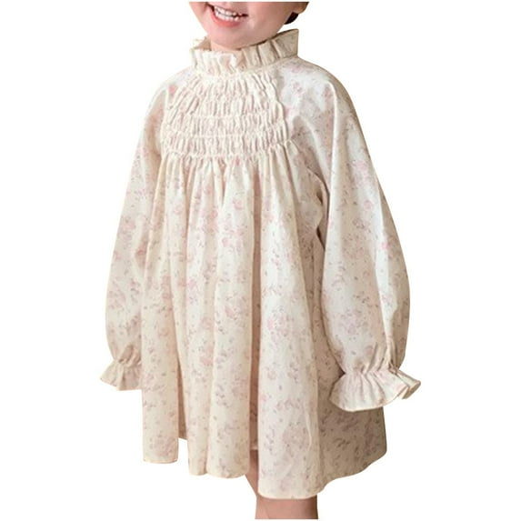Mikilon Girls Long Sleeve Smocking Clothing Toddler Fall Floral Smocked Dress Vintage Dresses for Christmas Birthday Holiday