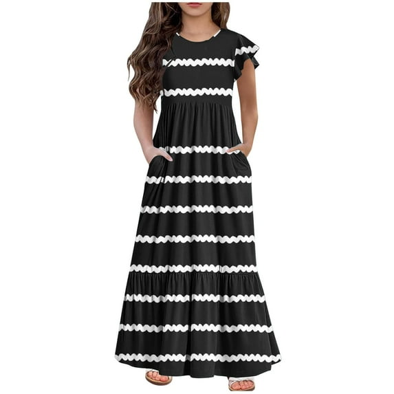 Mikilon Girls Maxi Dress Long/Short Sleeve Casual Holiday Dress with Pockets for 5-13 Years
