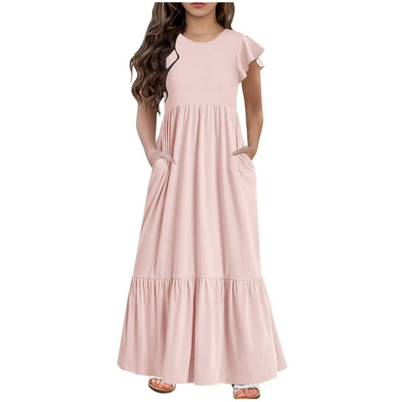 Fesfesfes Girls Maxi Dress Short Sleeve Casual Long Dresses with Pockets 6-12 Years