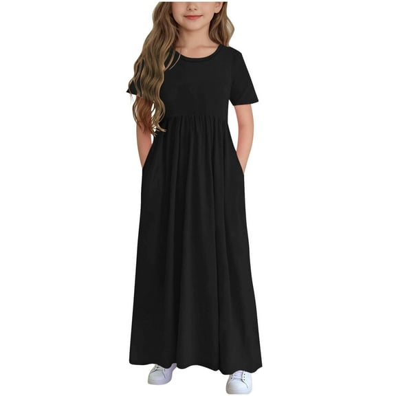 Mikilon Girls Maxi Dress Short Sleeve Casual Long Dresses with Pockets 6-12 Years