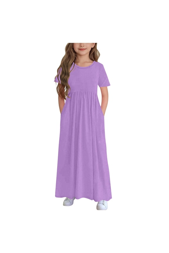 Mikilon Girls Maxi Dress Short Sleeve Casual Long Dresses with Pockets 6-12 Years
