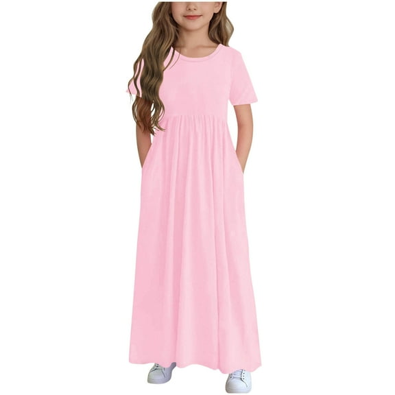 Fesfesfes Girls Maxi Dress Short Sleeve Casual Long Dresses with Pockets 6-12 Years