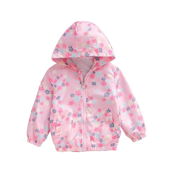 Fesfesfes Girls New Jackets Floral Print Zipper Hooded Tops Spring and Fall Double Layer Windproof Jackets ,Size 3-8 Years