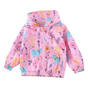 Mikilon Girls New Jackets Floral Print Zipper Hooded Tops Spring and Fall Double Layer Windproof Jackets ,Size 3-8 Years