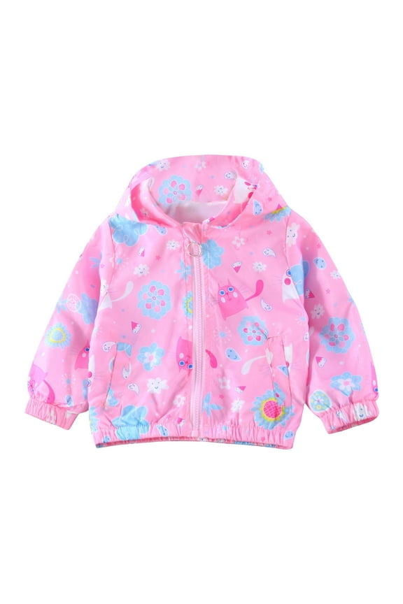 Mikilon Girls New Jackets Floral Print Zipper Hooded Tops Spring and Fall Double Layer Windproof Jackets ,Size 3-8 Years