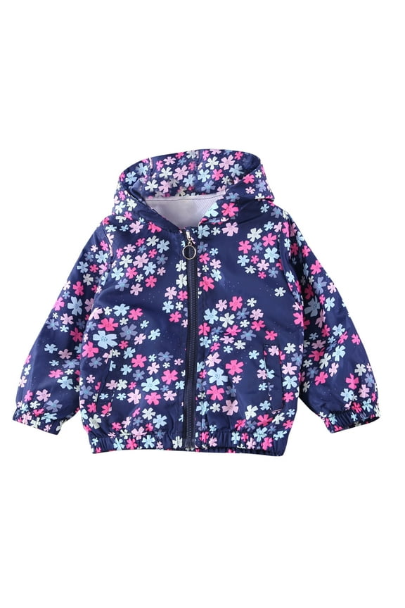 Girls New Jackets Floral Print Zipper Hooded Tops Spring and Fall Double Layer Windproof Jackets ,Size 3-8 Years