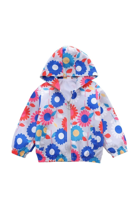 Girls New Jackets Floral Print Zipper Hooded Tops Spring and Fall Double Layer Windproof Jackets ,Size 3-8 Years