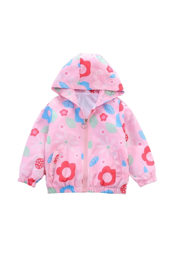 Girls New Jackets Floral Print Zipper Hooded Tops Spring and Fall Double Layer Windproof Jackets ,Size 3-8 Years