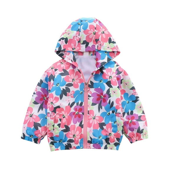 Fesfesfes Girls New Jackets Floral Print Zipper Hooded Tops Spring and Fall Double Layer Windproof Jackets ,Size 3-8 Years