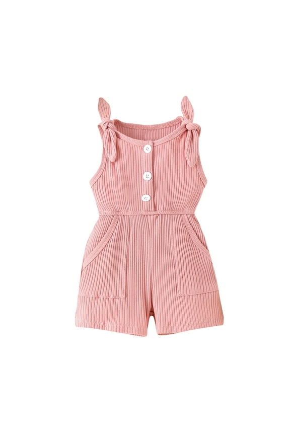 Fesfesfes Girls' New Summer Bow-strap Rompers Solid Color Elastic Waist ‌Rompers Comfortable Button-Up Knitted Rompers ,Size 6 Months-3 Years