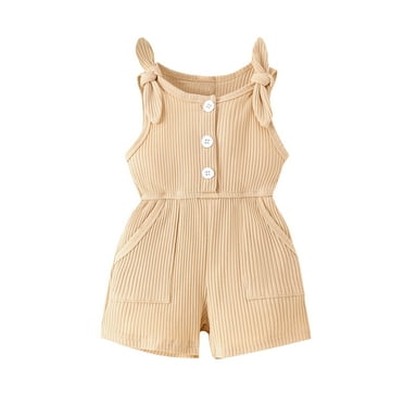 Mikilon Girls' New Summer Bow-strap Rompers Solid Color Elastic Waist ‌Rompers Comfortable Button-Up Knitted Rompers ,Size 6 Months-3 Years