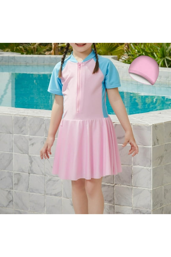 Mikilon Girls One Piece Swimsuits Hawaiian Skirted Bathing Suit for Kids Girls Summer Swim Dress Short Sleeve Swimwear 2-11 Years