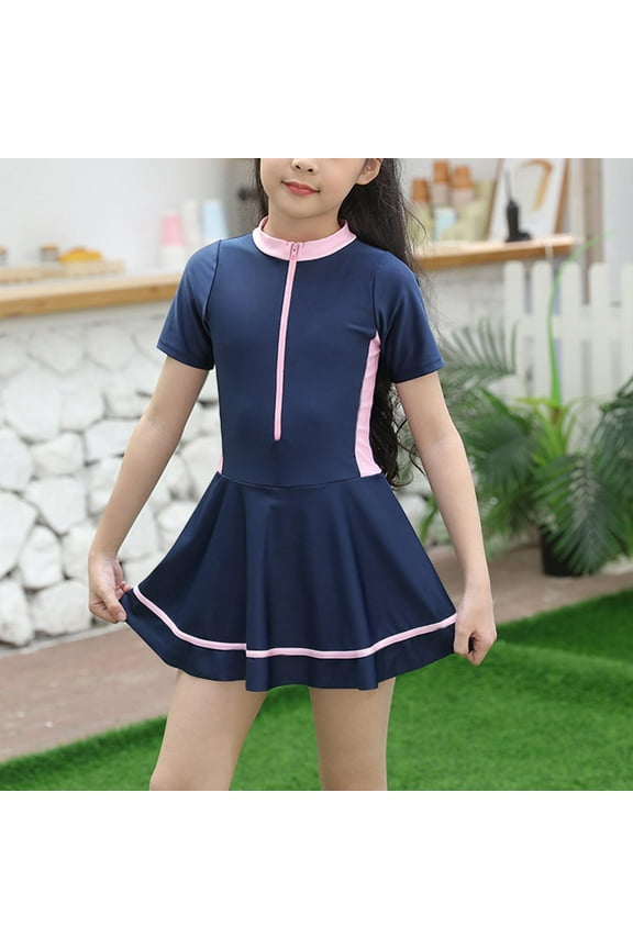 Mikilon Girls One Piece Swimsuits Hawaiian Skirted Bathing Suit for Kids Girls Summer Swim Dress Short Sleeve Swimwear 2-9 Years