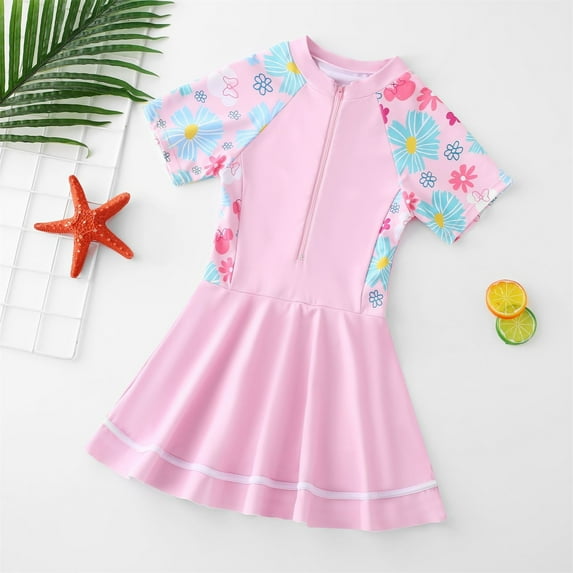 Fesfesfes Girls One Piece Swimsuits Hawaiian Skirted Bathing Suit for Kids Girls Summer Swim Dress Short Sleeve Swimwear 2-9 Years