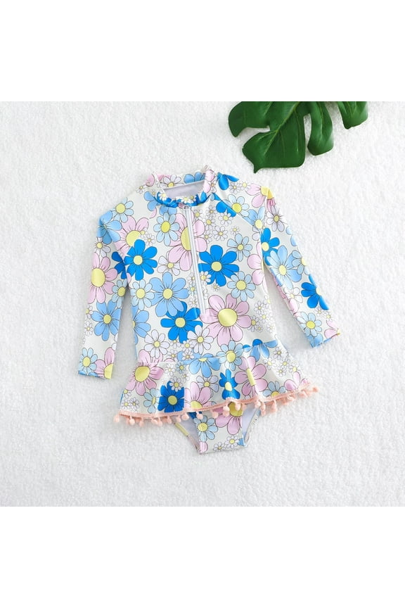 Mikilon Girls' One-Piece Swimwear Rash Guard Swimsuit Zipper Bathing Suits Long Sleeve Ruffle Girl Full Cover Flower Print