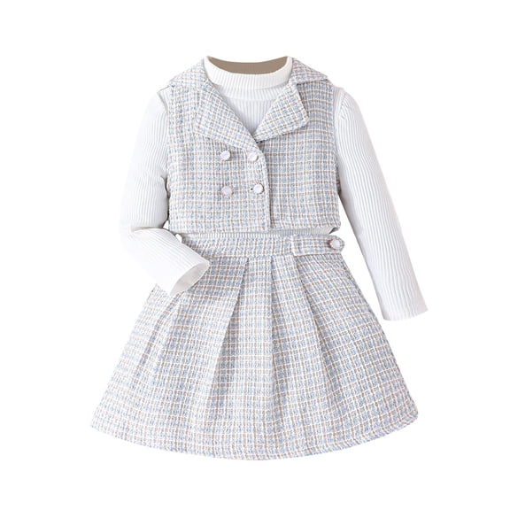 Mikilon Girls Outfit Sets Size 2-7 Years High Neck Long Sleeve White Undershirts Turndown Neck Sleeveless Jackets Elastic Waist Skirts