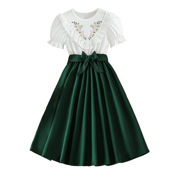 Fesfesfes Girls Pachwork Color Lace Dress Size 8-11 Years Floral Puff-sleeved Round Neck Dress